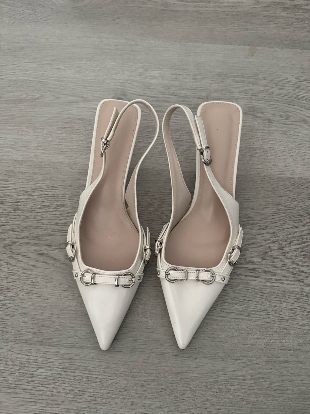 Women's White Pointed Slingback Heels with Buckle Detail